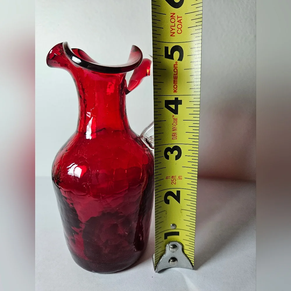 VTG Red Crackle Glass Vase Pitcher Blown Glass, Applied Handle 5" - Picture 6 of 8